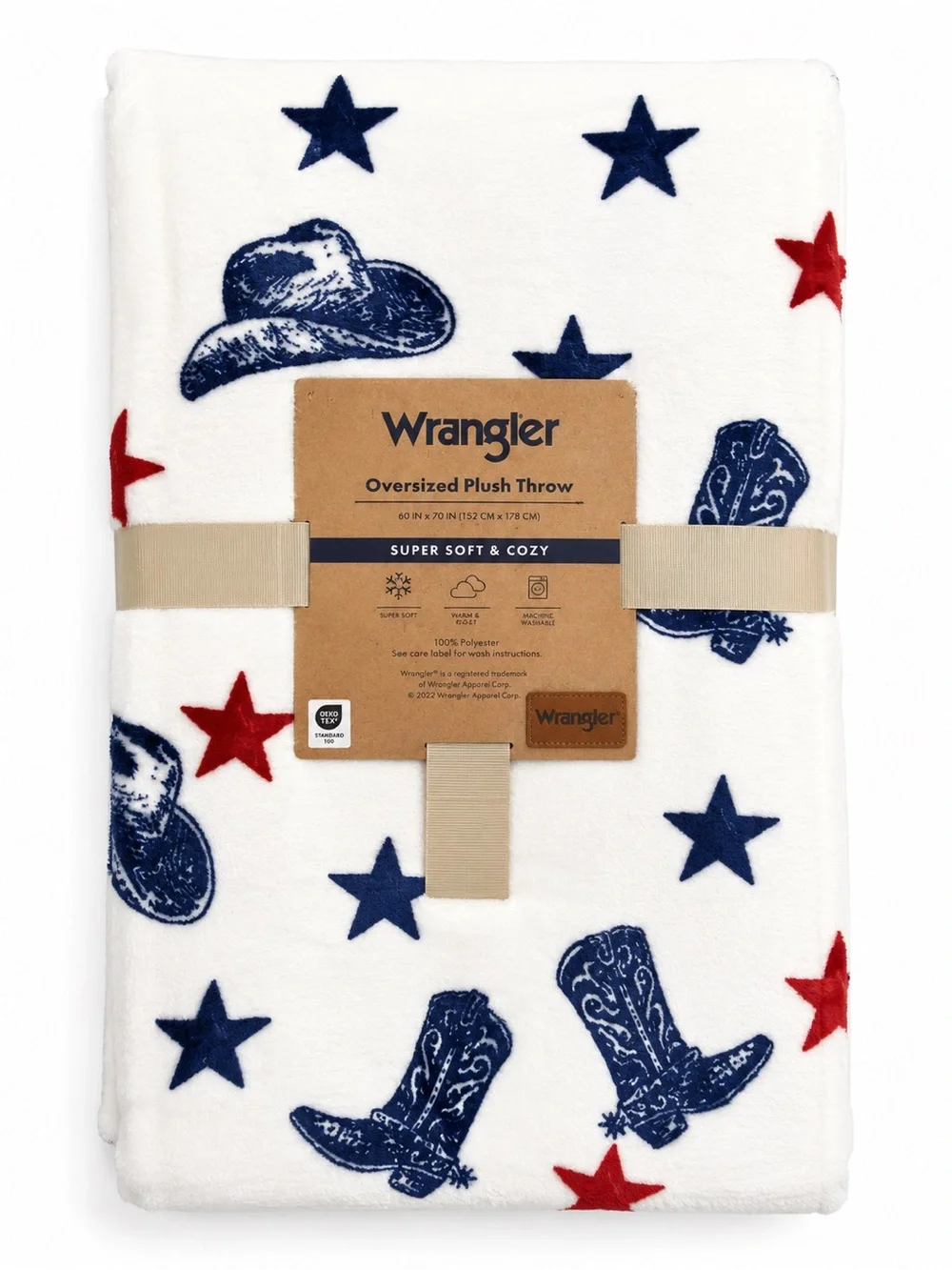 Wrangler White Plush Throw with Navy Cowboy Motif